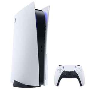 Playstation 5, hochkant stehend, in Farbe Weiss, mit Kontroller